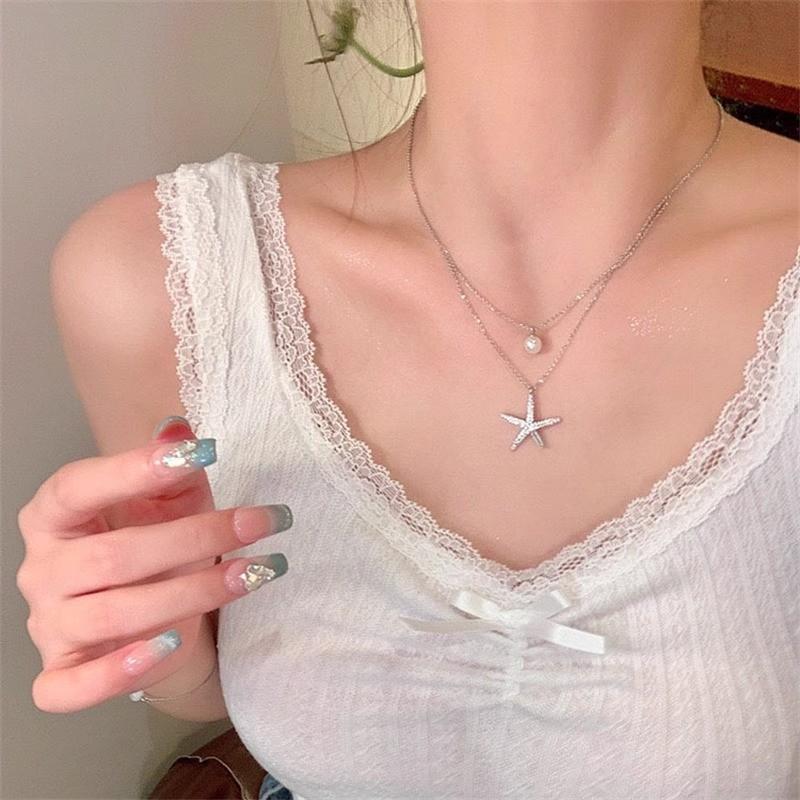 iF ME Korean Double Layered Starfish Artificial Pearl Necklace for Woman Pendant Choker Accessories Jewelry