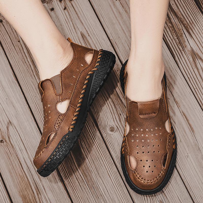 Мужские кожаные сандалии без застежек, прочные сшитые вручную туфли с закрытым носком, нескользящие туфли для использования в помещении, на открытом воздухе, на пляже