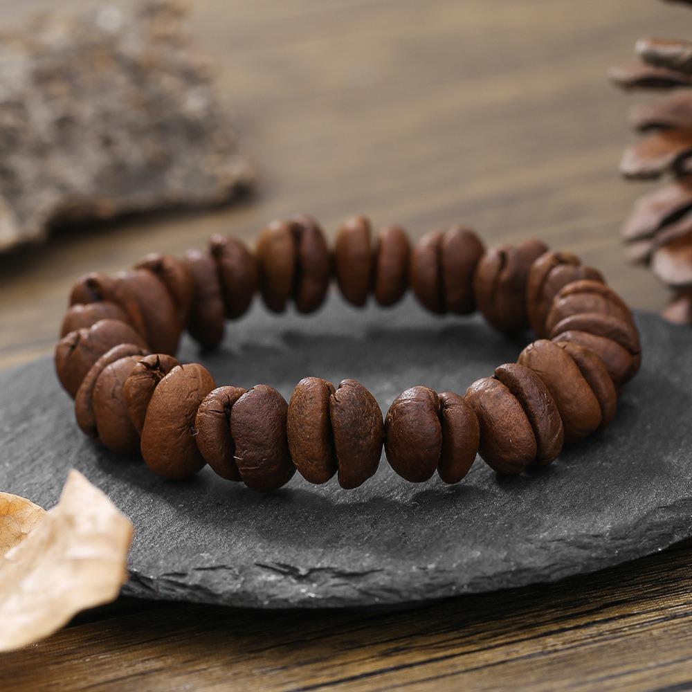 Handmade Natural Real Coffee Bean Bracelet Elastic Sandalwood Coconut Chip Wood Splicing Woven Jewelry Bracelet for Women