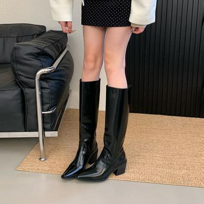 Маленький квадратный носок, но сапоги до колена на толстом каблуке, женские коричневые сапоги-рыцари на маленьком высоком каблуке из маслянистой кожи, сапоги с высоким голенищем