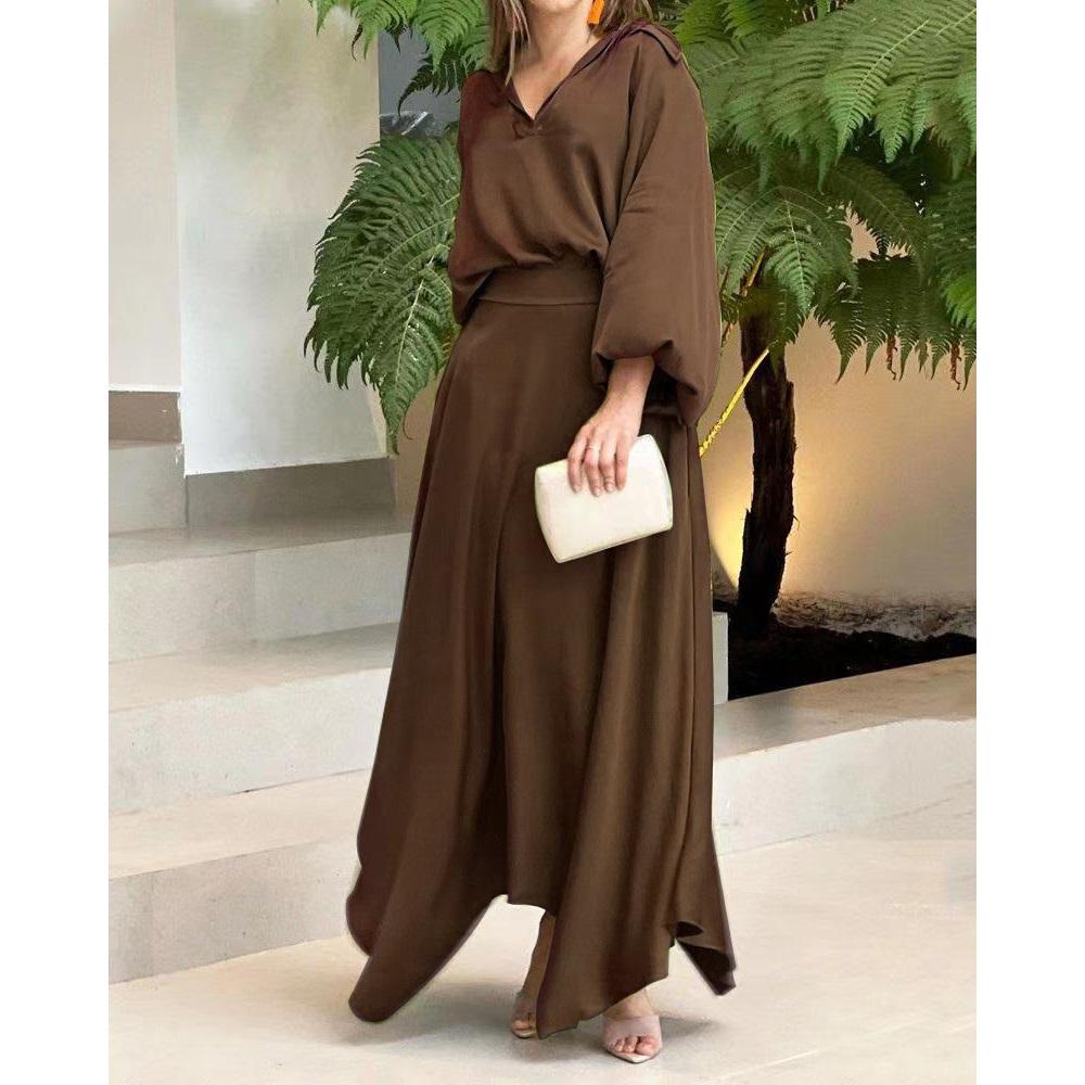 Женский летний свободный комплект из двух предметов большого размера, однотонный топ с длинными рукавами и юбкой средней длины с высокой талией