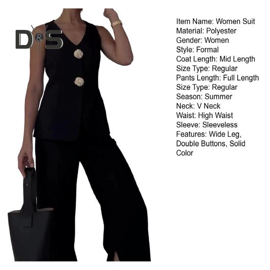 2 Pcs/Set Women Suit Vest Pants Set V Neck Double Button Closure Sleeveless Waistcoat High Waist Solid Color Pants OL Commute Business Outfit