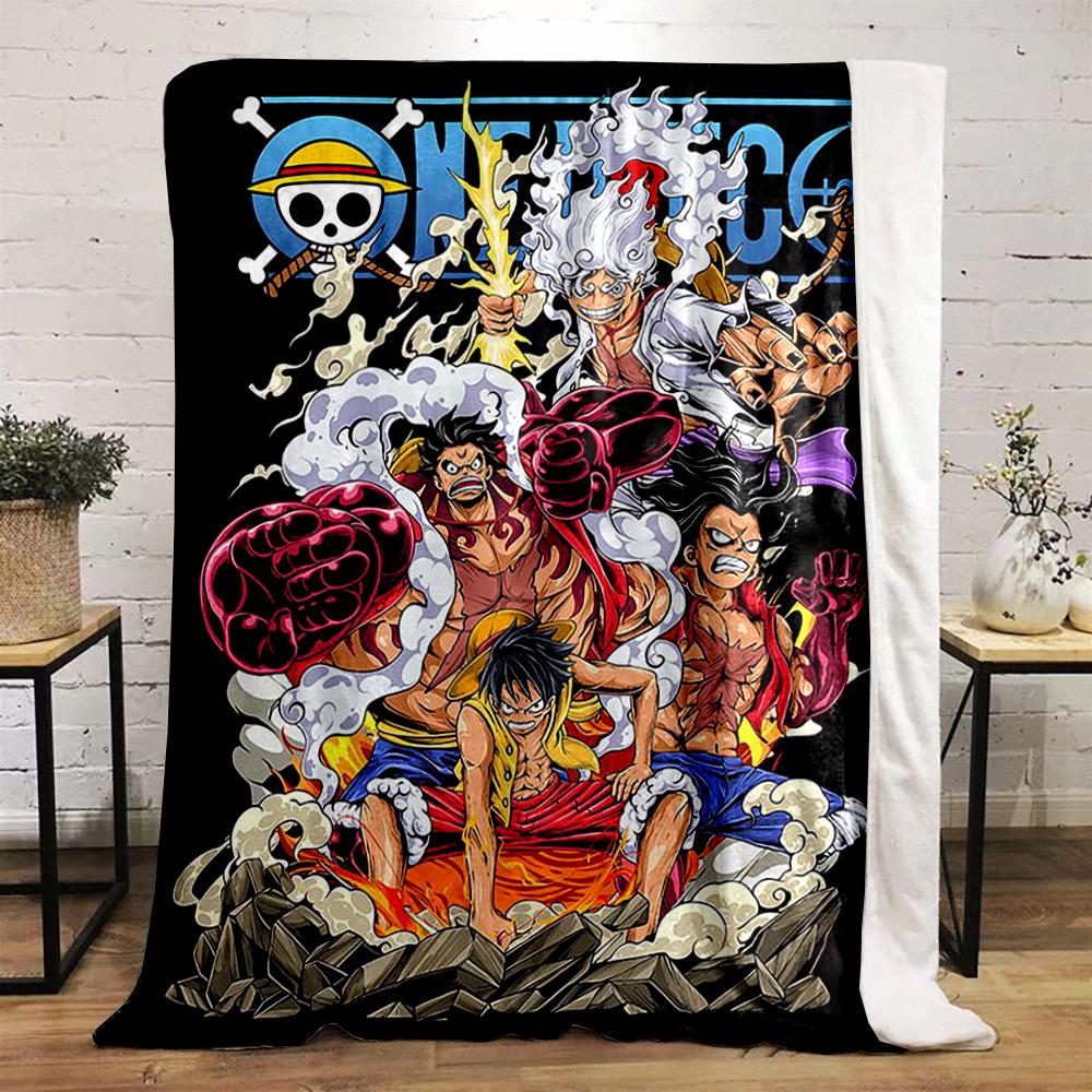 "One Piece Characters in Action Illustration Flannel blanket for bedroom, living room, sofa, and nap sofas"