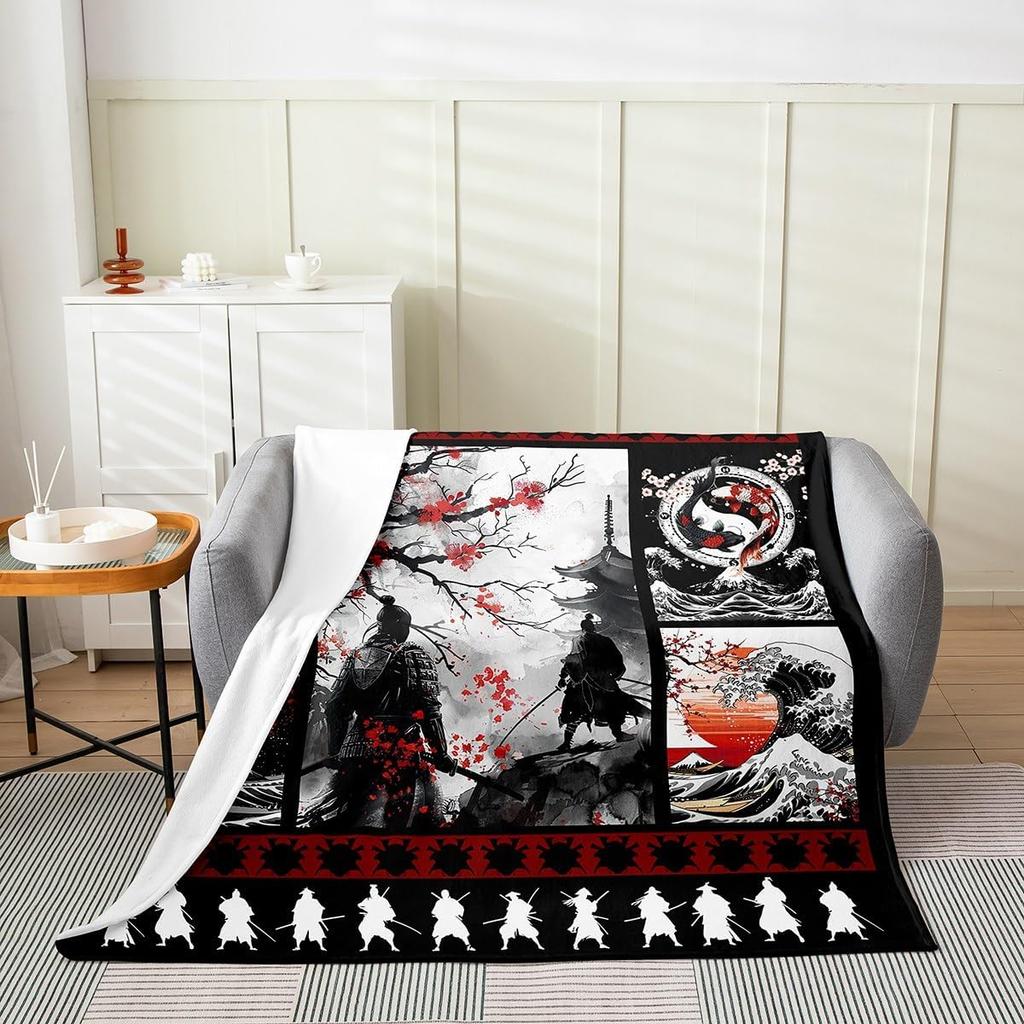 Feelyou Koi Fish Fleece Throw Blanket x Japanese Wave Cherry Blossoms Ocean Plaid Flannel Plush Fuzzy for Bed Couch Chair Living