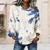 Women Plus Size Round Neck Long Sleeve Blue White Tie Dye Printed Curved Hem Top