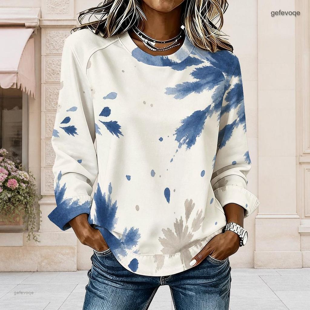 Women Plus Size Round Neck Long Sleeve Blue White Tie Dye Printed Curved Hem Top