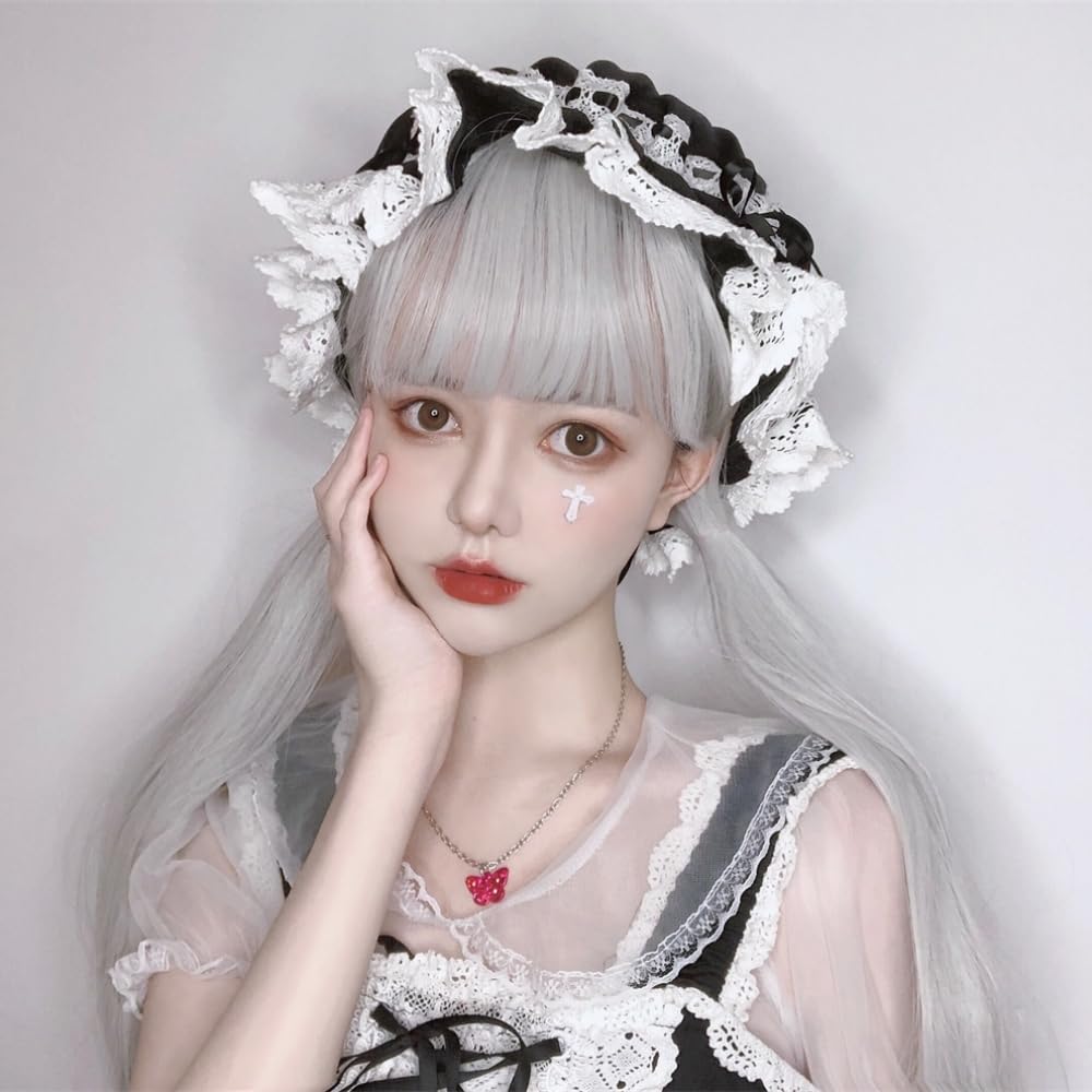 Парик Akixen Лолита Длинный Прямой Двойной Хвостик Серебристо-Белый Парик Снежная Ночь Детский Стишок Стиль Харадзюку Маленькое Лицо Термостойкий Косплей Сетка Для Волос Мода