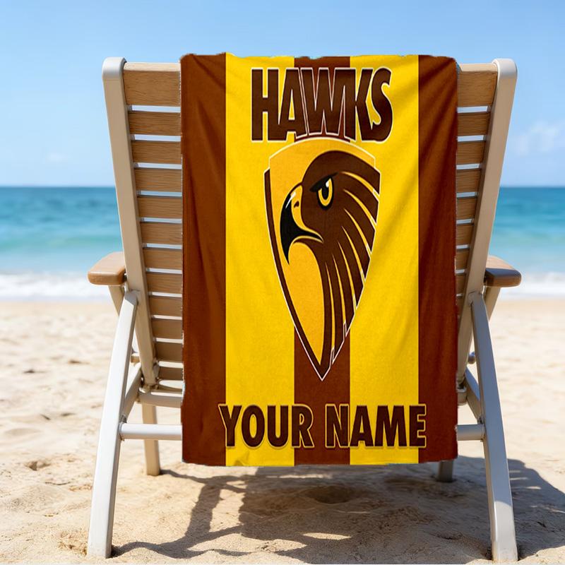 Custom Name Beach Towel Hawks Team Spirit Beach Towel, Soft Microfiber, Gift for Her/Him, Birthday, for Pool, Beach, Travel, Fan gifts