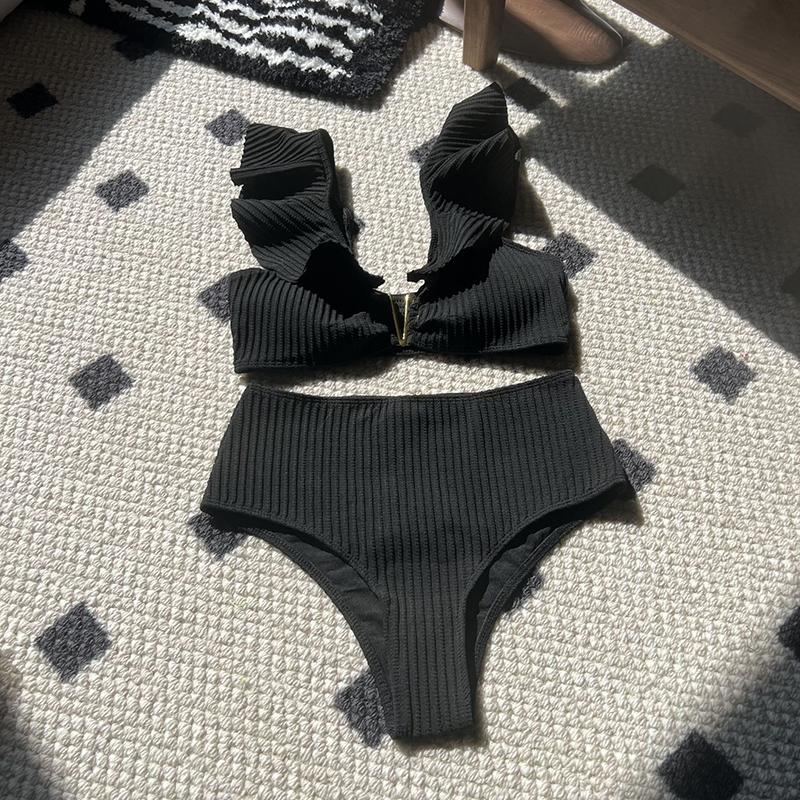 Женский купальник бикини с высокой талией, однотонный, с V-образным вырезом, купальный костюм, треугольный топ с оборками, пляжный, летний, из двух частей