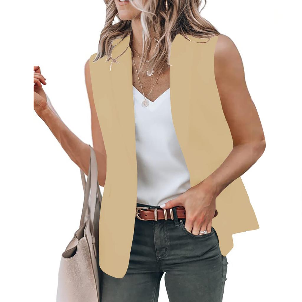 Women's Solid Color Open Front Pocket Cardigan Formal Suit Sleeveless Shirt Jacket