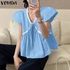 Summer Women V Neck Puff Short Sleeve Stitching Casual Tops Blouse