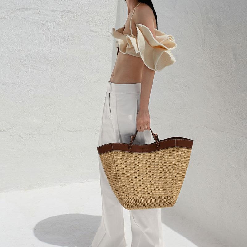 Charles & Keith Vintage Woven Beach Basket Tote Bag Women Tote Bags Beige Black CK2-30782113