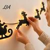 Festive Warm White Night Light Lighted Santa Sleigh Reindeer Christmas Wall Decor with Remote, 3D Up Wood Peel Remote Control Lighting And Stick