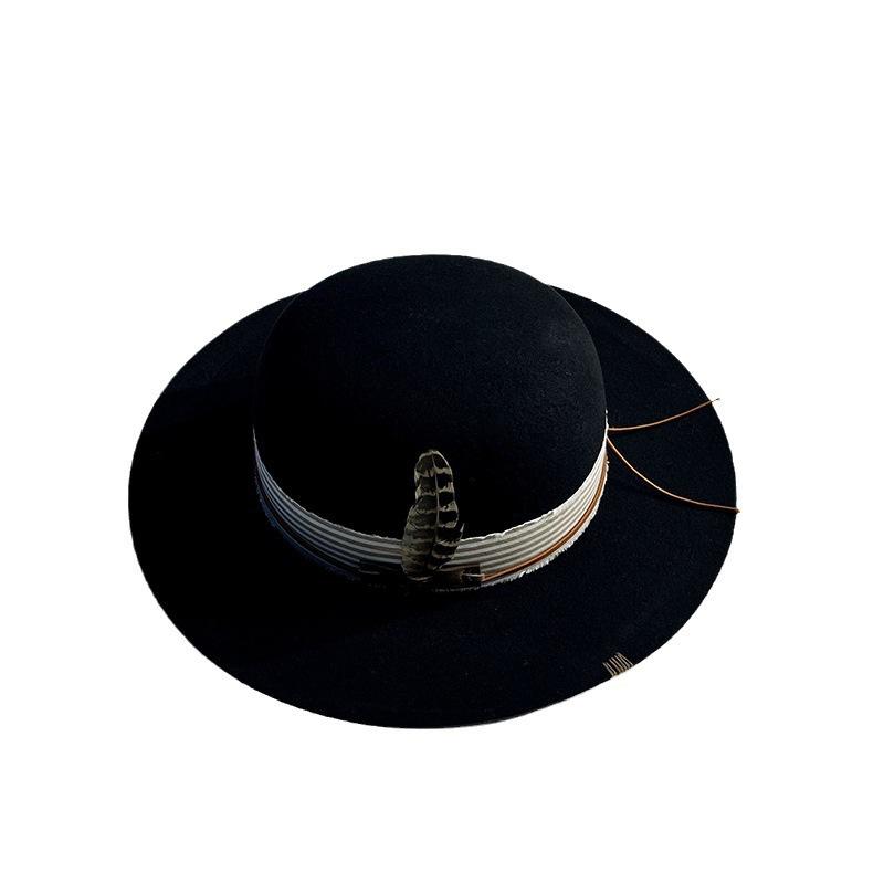 Hot-selling men's and women's black pure wool top hat with feather decoration retro wool top hat