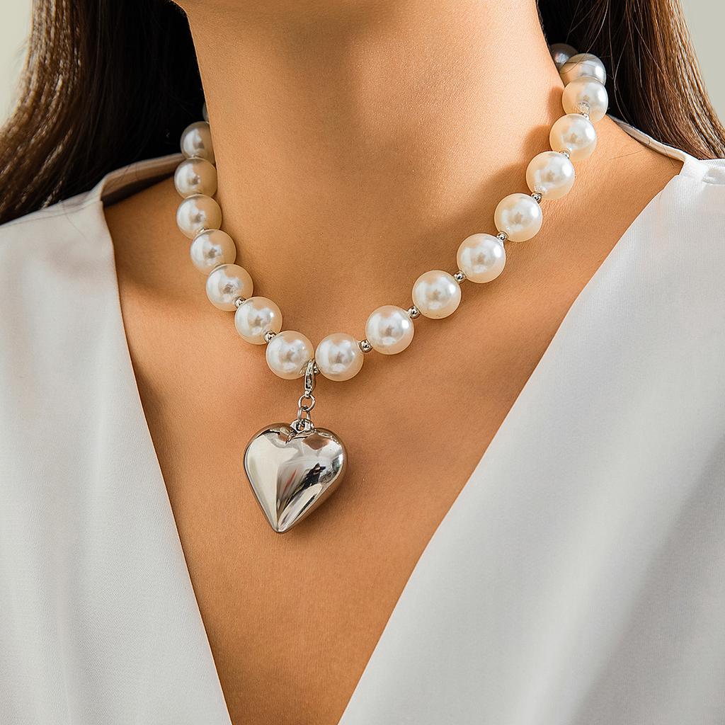 DIEZI Different French Style Big CCB Heart Pendant Necklace Women Party Gift Fashion Pearl Beads Choker Necklace Y2K Jewelry