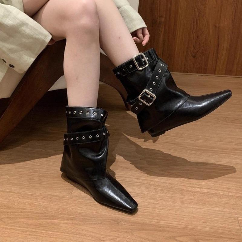 Fashion New Style Vintage Thick Heel Women Western Cowgirl Boots Fashion Belt Buckle Ladies Elegant Slip On Mordern Mid Calf Boots