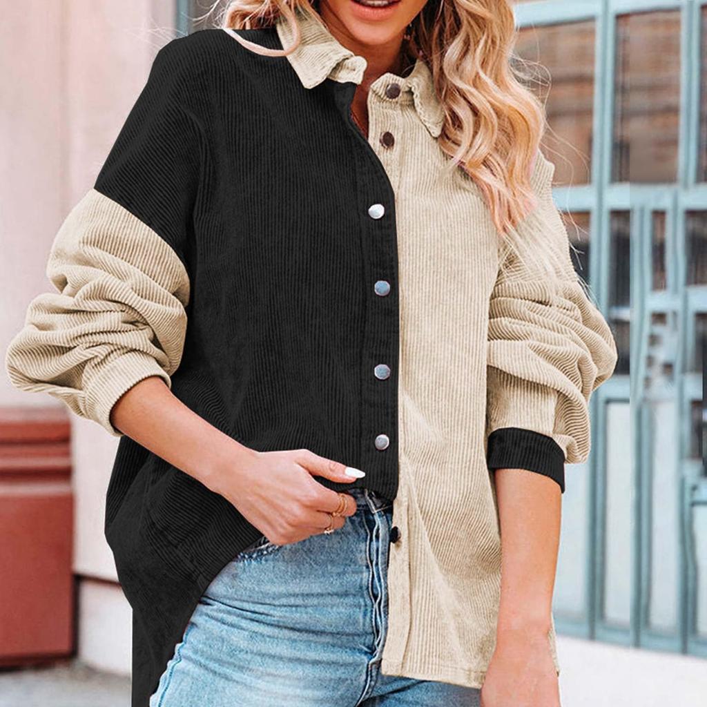 Женская вельветовая рубашка на пуговицах с цветными блоками, вельветовая куртка с длинными рукавами