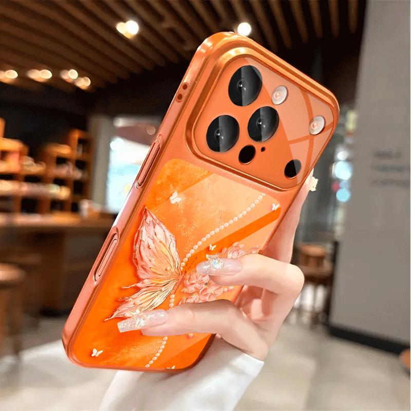 Butterfly flower pattern glass phone case suitable for iPhone 17 16 15 14 13 12 11 Pro/Max/Plus shockproof back cover