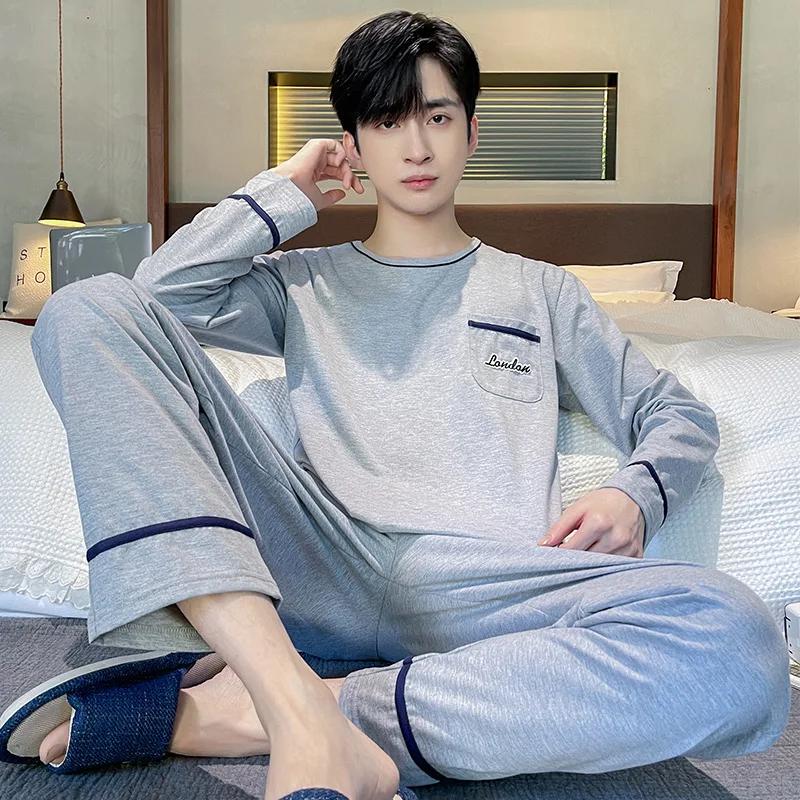 Пижамы мужские весенние и осенние с длинными рукавами, длинные брюки, простая домашняя одежда, тонкий хлопок, мужские большие размеры, весенние модели, костюм для отдыха
