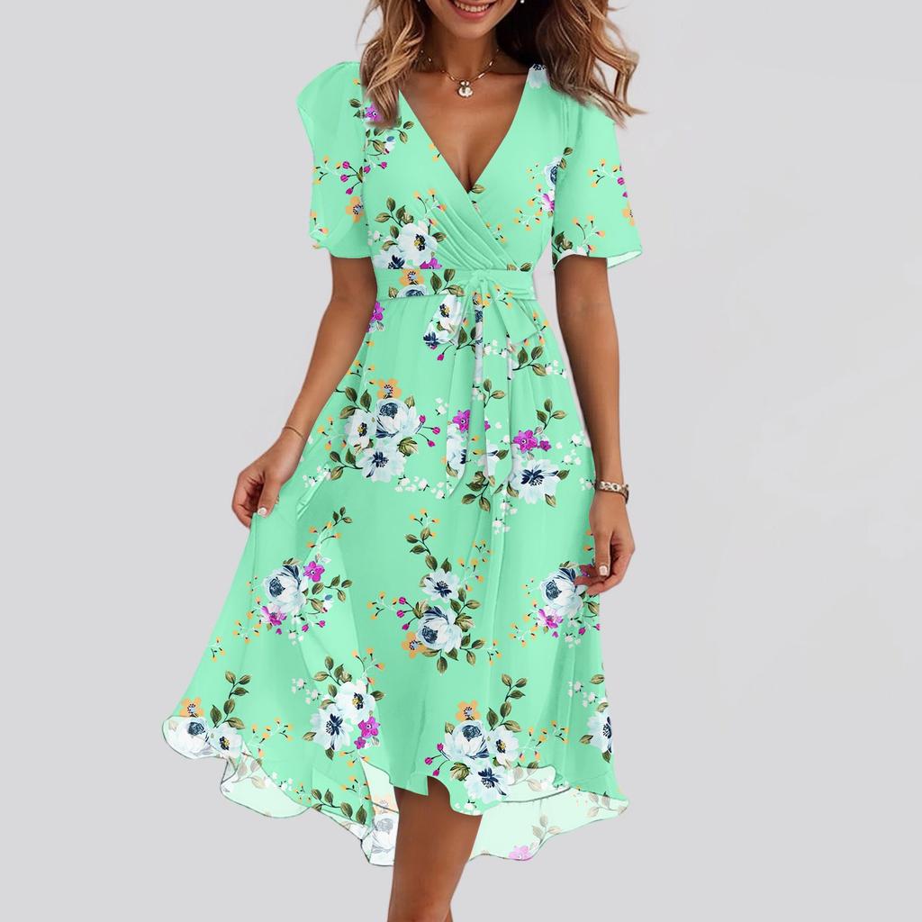 Women's Fashion Casual V Neck Short Sleeve Ruffled Vintage Printed Dresses