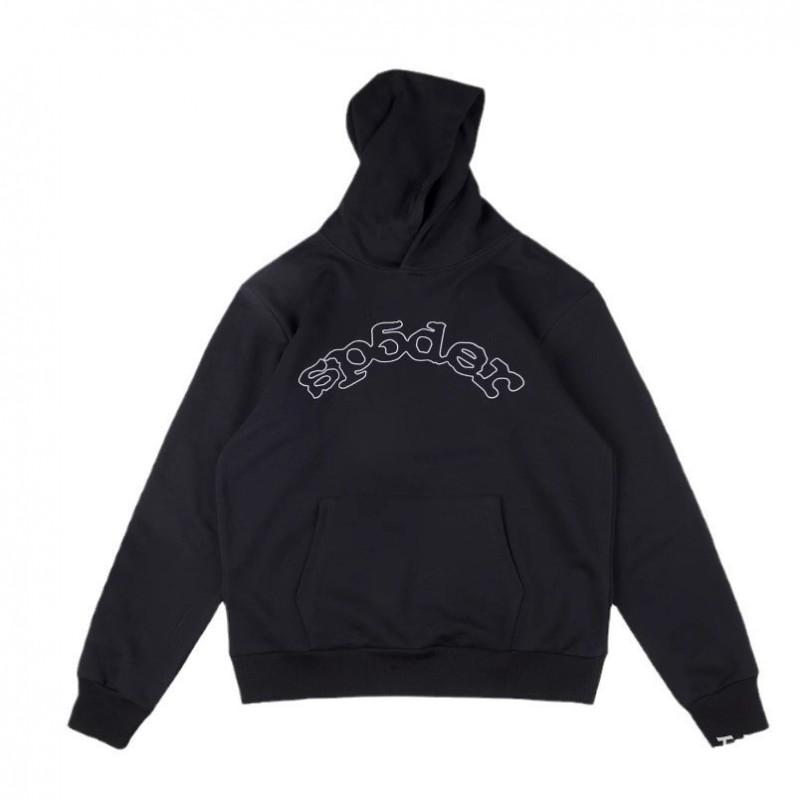Sp5der Hoodie Oversized Thick Fleece Sweatshirt With Foil Print Spiderweb Design Men Winter Casual Wear