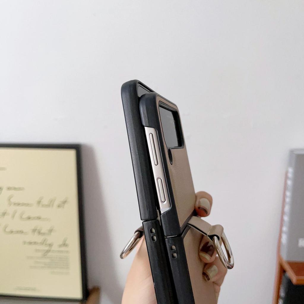 Чехол-кольцо с кожаным узором для Samsung Z Flip7/6/5 - Защита от падений, Однотонный, Чехол для складного телефона