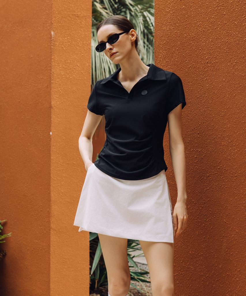 OBER GOLF Draped Open Collar Top (Black)