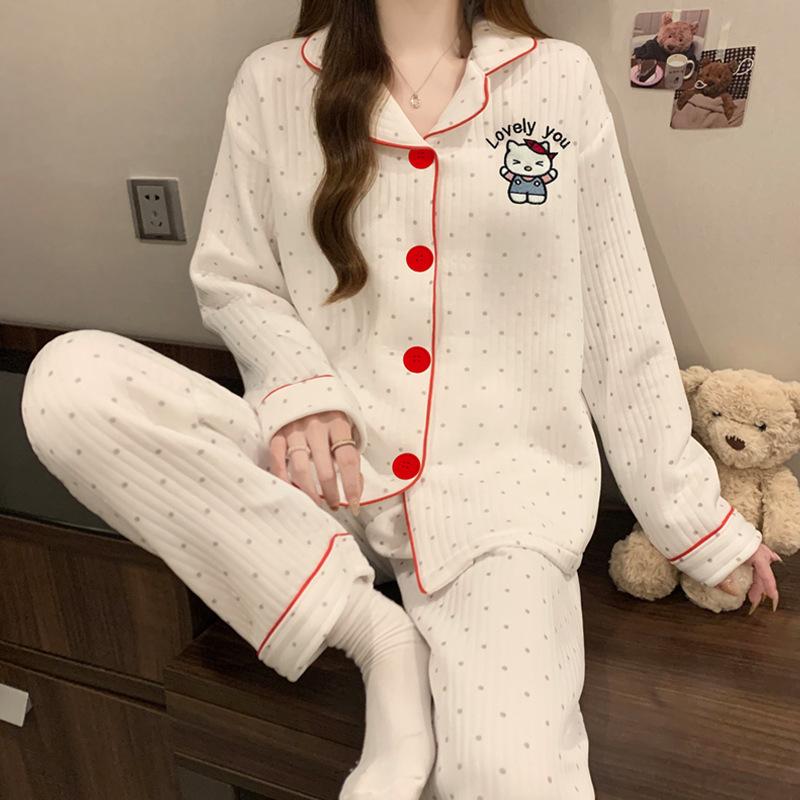 Air cotton sandwich pajamas women's autumn and winter long-sleeved cute dachshund dog polka dot warm loungewear set