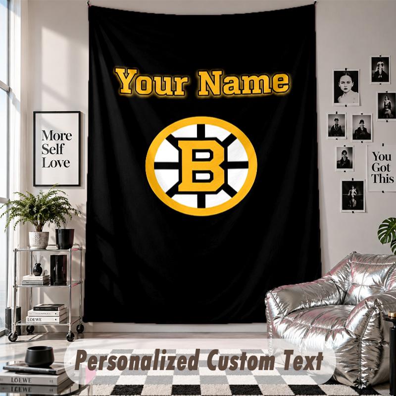 Wall Hanging Tapestry With Custom Name & Text, Boston Bruins Decorative Tapestry For Bedroom