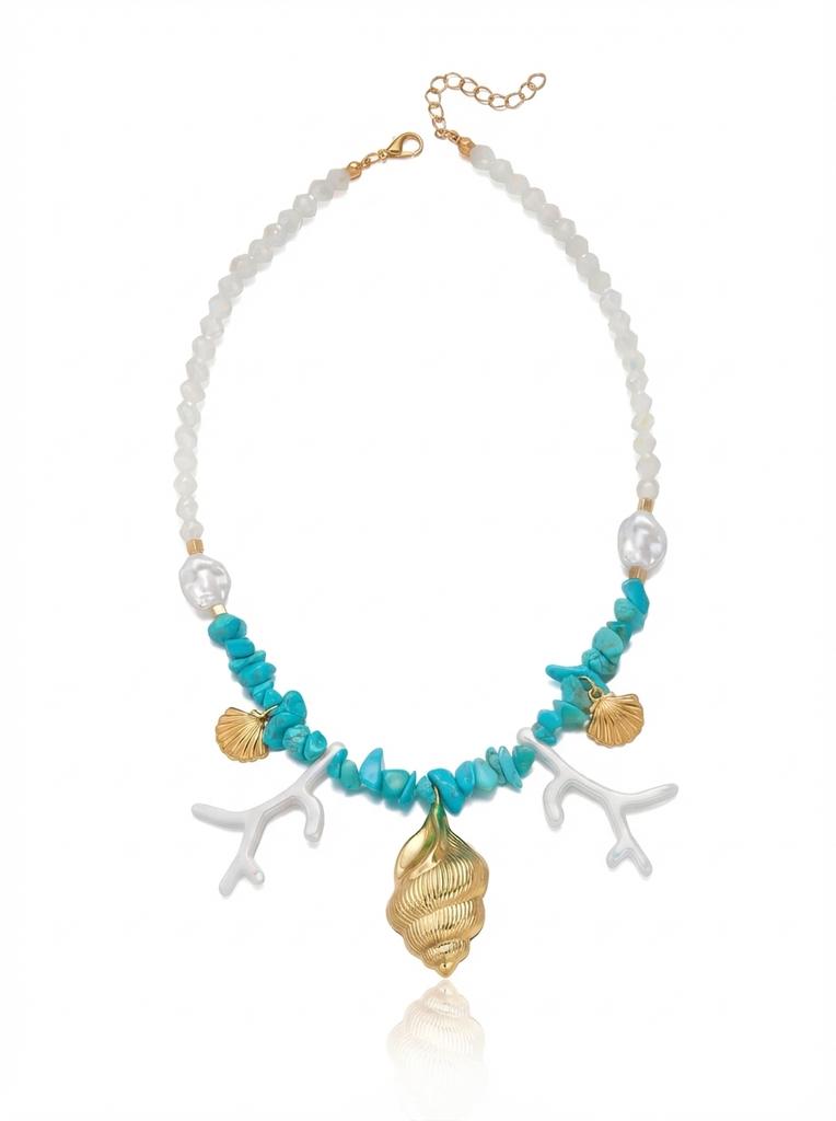 Summer Ocean Conch Shell Faux Coral Faux Pearl Beaded Necklace Beach Vacation Choker For Women