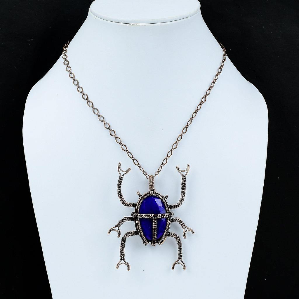 Faceted Blue Sapphire Pendant Copper Wire Wrapped Gemstone Pendant Copper Jewelry Handmade Pendant Wire Wrap Jewelry For Gift Beetle Pendant