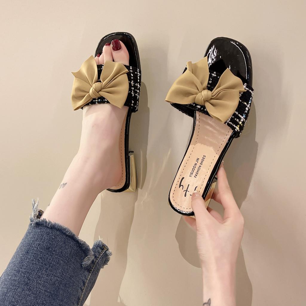 High Heels Women's New Square Head Temperament Bow Low Heel One-word Drag Small Fragrant Style Outer Slippers In Summer 2025