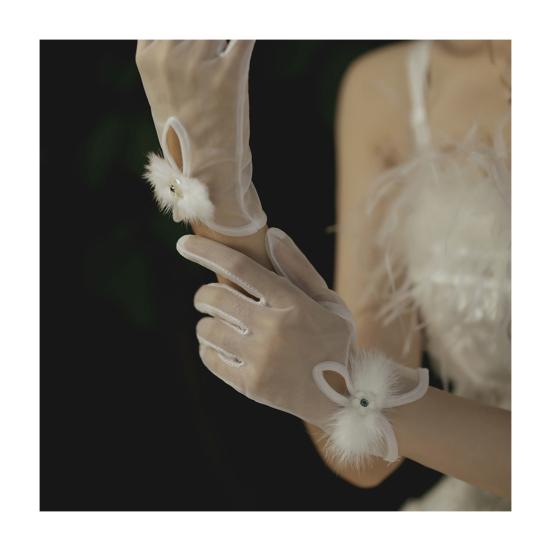 Сатиновые перчатки невесты Короткие тюлевые свадебные перчатки Прозрачные короткие перчатки на запястье с бантом и искусственным жемчугом для выпускного вечера, вечернего мероприятия, чаепития