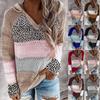 Fashion Women Leopard Patchwork V-Neck Long Sleeves Hooded Sweater Blouse Tops
