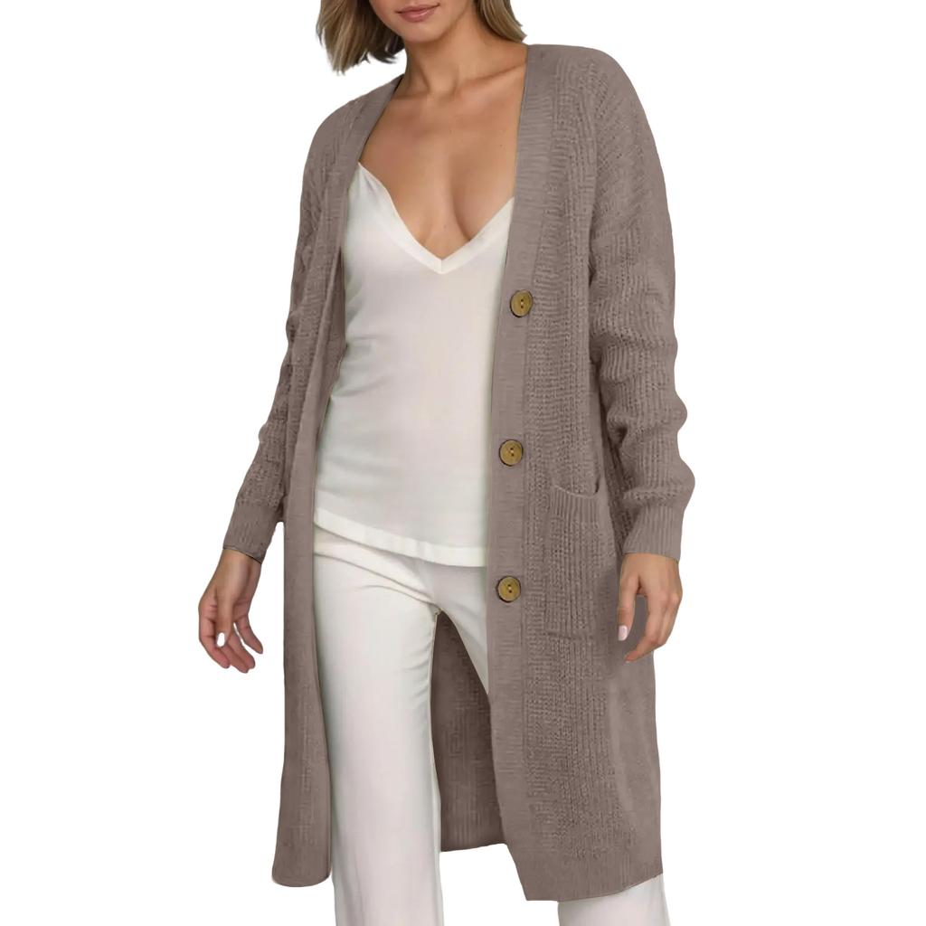 Women's Solid Color Long Sleeved Knee Length Knitted Cardigan, Lazy Trend, Medium Long Hair Jacket