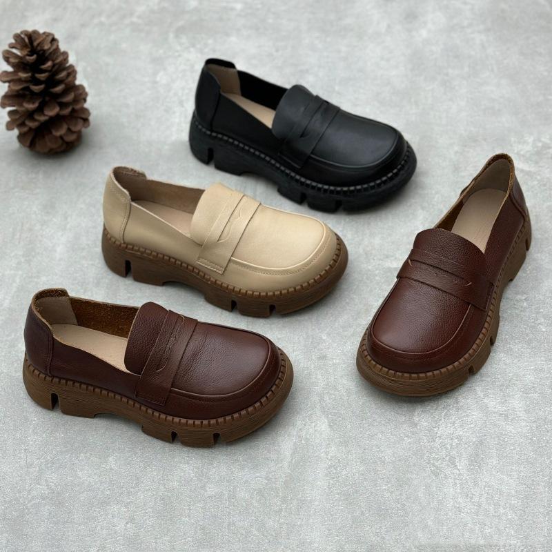 Johnature Retro Loafers Handmade Genuine Leather Platform Shoes Round Toe Casual Versatile Soft Cowhide Women's Shoes