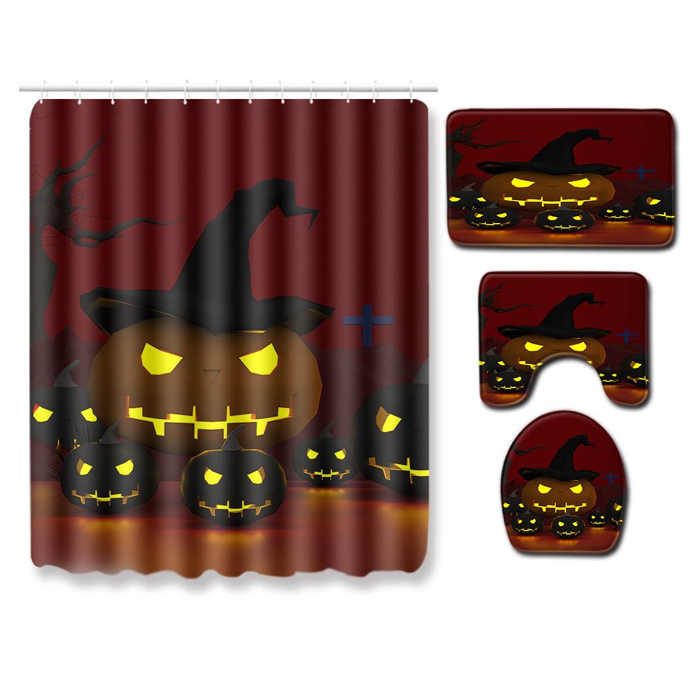 Halloween Shower Curtain Floor Mat Combination Four-Piece Set Bathroom Toilet Carpet Shower Room Foot Mat