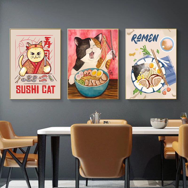 Японский стиль Еда Забавный Рамэн Лапша Суши Плакат Настенная Картина на Холсте Картина для Гостиной Домашний Декор Кухни Куадрос Без Рамки