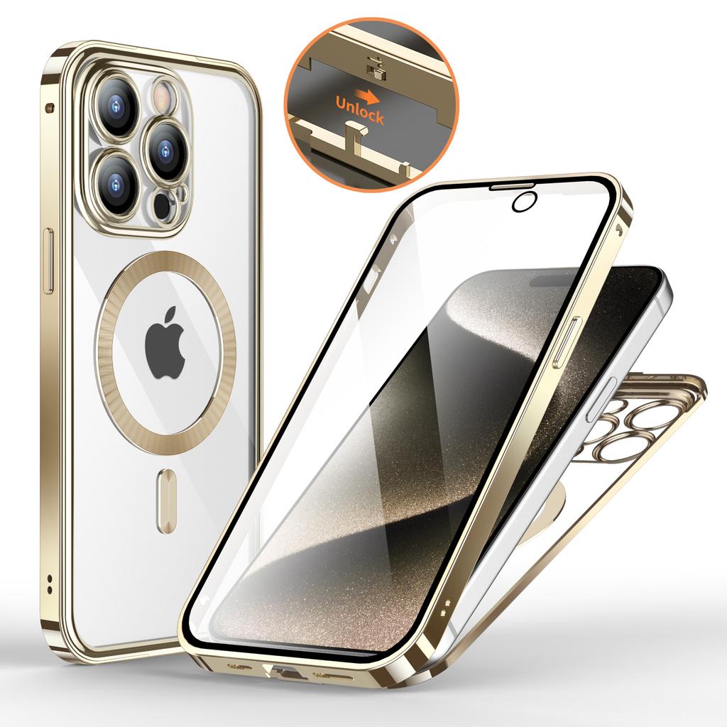 Для iPhone 15 14 Pro Max 360 ° все включено защитные чехлы магнитная безопасность беспроводная зарядка алюминиевый сплав защитные чехлы