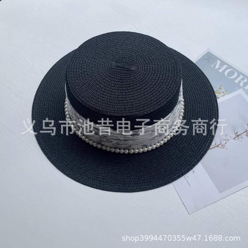 French retro elegant pearl decoration flat top straw hat women's summer travel versatile sun protection shade white gift hat
