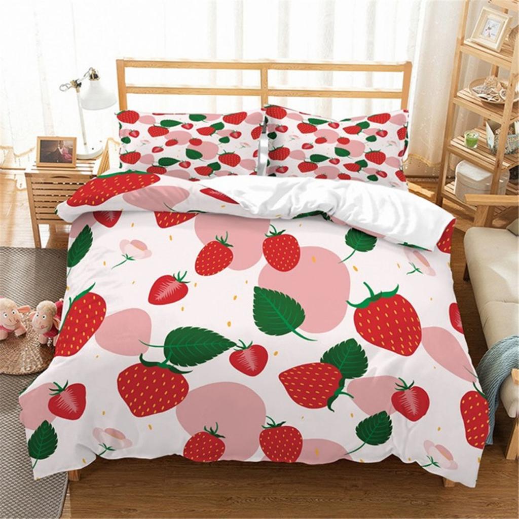 Red Strawberry Pink Lovely Summer Fruit Tree Leaf Duvet Cover for Children Girls Gifts Room Decorations Polyester Duvet Cover