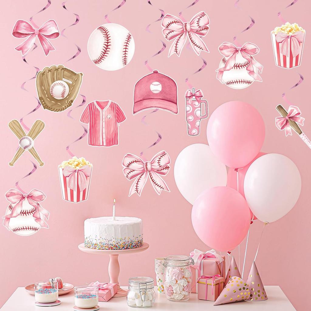 Funrous 22 Pcs Baseball Coquette Party Decoration Pink Bow and Baseball Hanging Swirl Spiral Ceiling Streamer Sport Theme Hanging Decor for Birthday