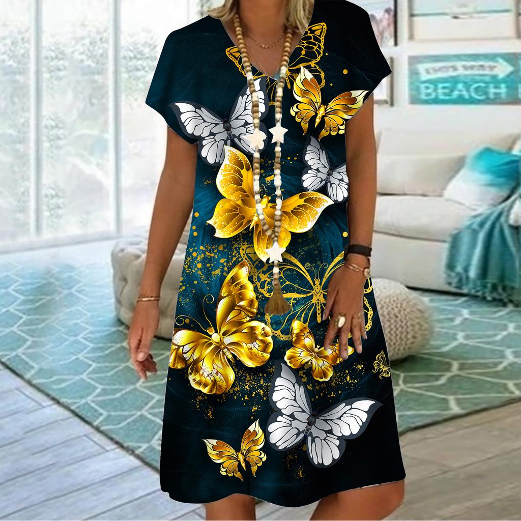 Summer Fashion V-neck Dress Ladies Short Sleeve Pearl Butterfly Printed Dress Loose Casual Dress for Women