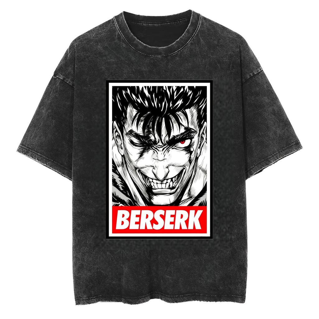 2026 Berserk Guts Anime Print Vintage Washed Adult T Shirt Men Black Distressed Short Sleeve Casual Tees
