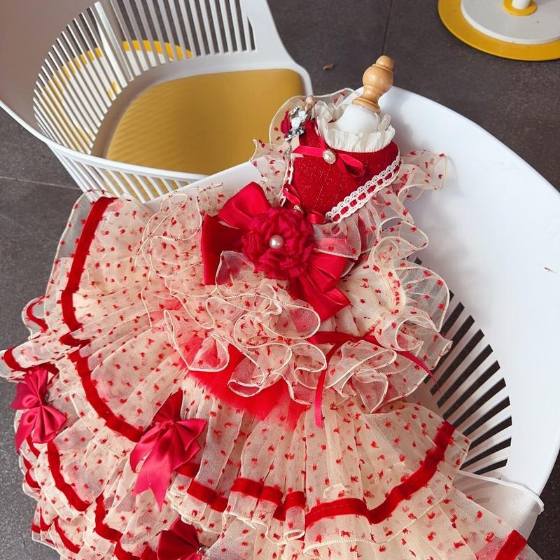 Luxury Dog Cake Puff Dress,Elegant Dot Dresses for Dogs,Detachable Long Tailing Design,Handmade Puppy Outfit-Flamingo Red Color