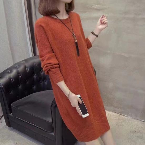 Женское платье-свитер с круглым вырезом, вязаное однотонное свободное эластичное платье с длинными рукавами и толстым теплым пуловером длиной до середины икры, женское осеннее платье миди