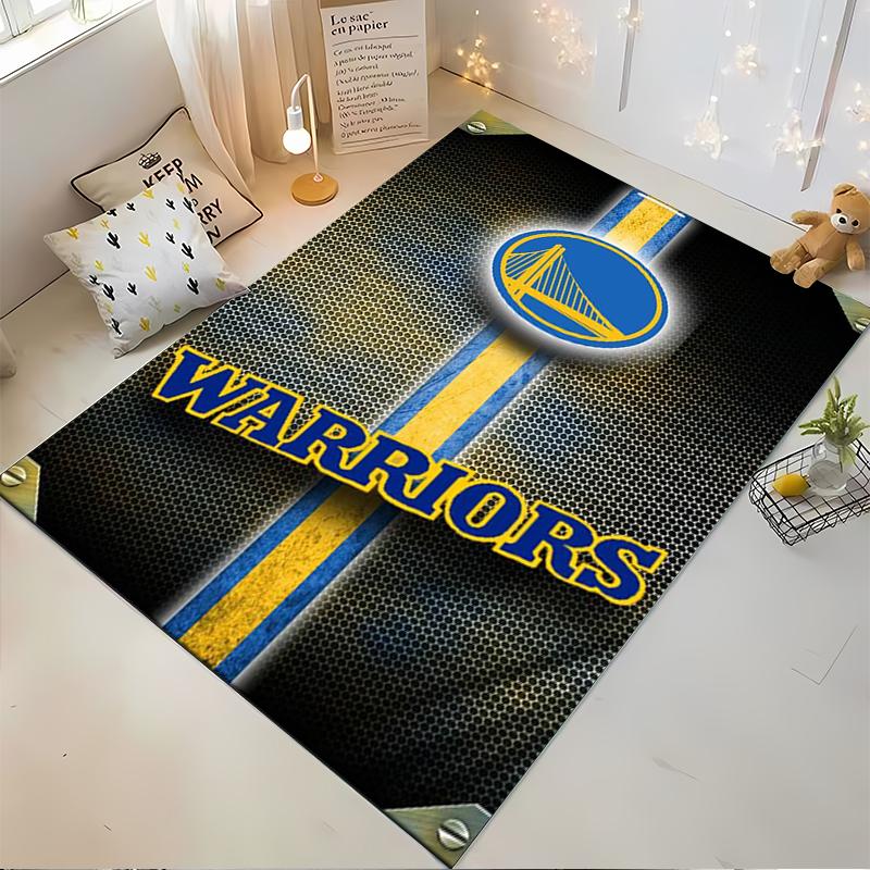 Warriors Logo with Blue and Yellow Stripes Rug Non-slip rug suitable for living room and bedroom sofas.