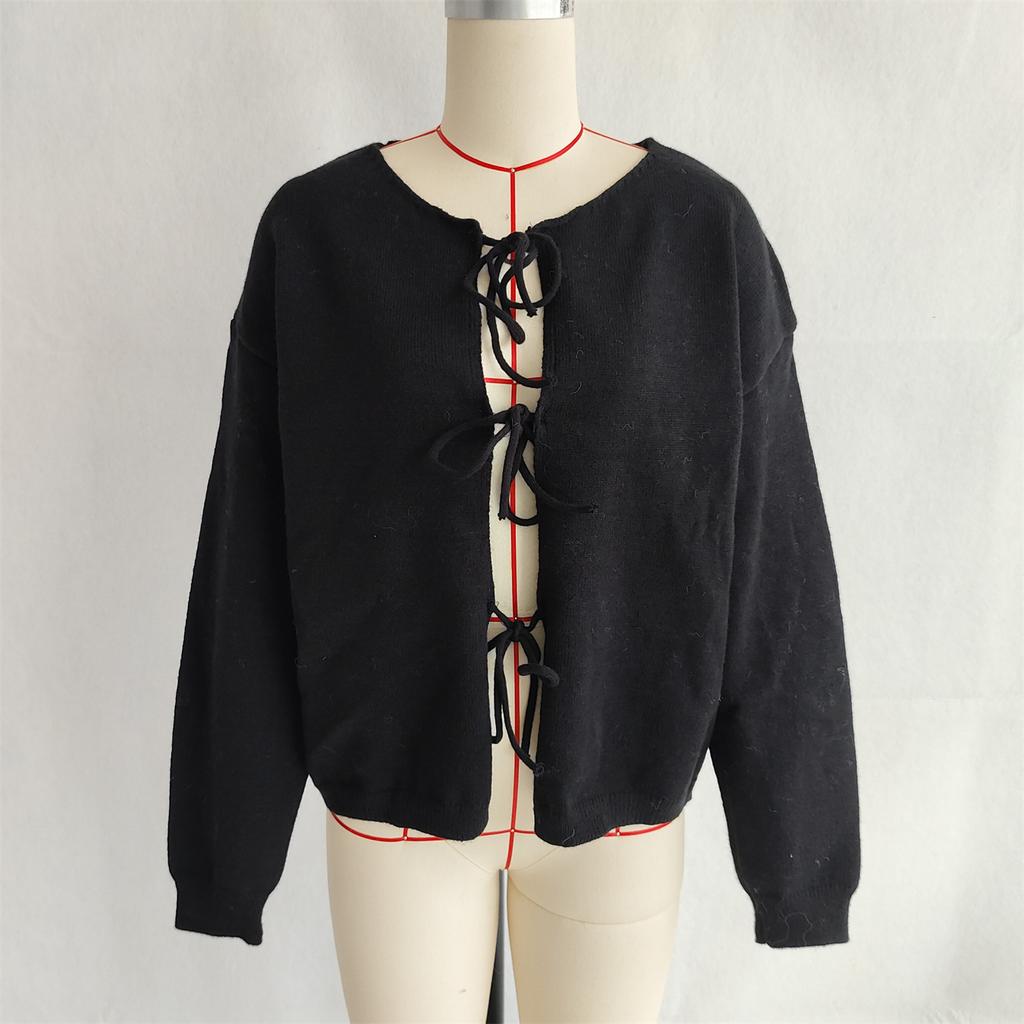 Женский кардиган с завязкой спереди и бантом, вязаный пуловер с длинным рукавом, верхняя одежда, пальто на шнуровке, с круглым вырезом, вязаные крючком кардиганы для женщин, осенний наряд, куртка-свитер