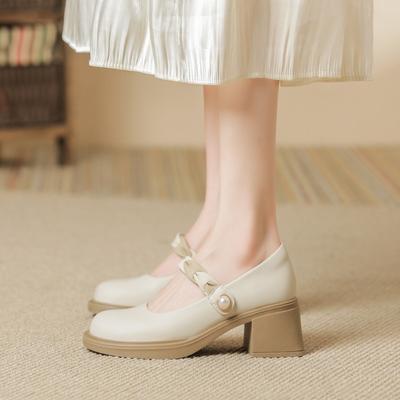 Французские женские туфли Marie Jane, осенние туфли телесного цвета на толстом каблуке и высоком каблуке.