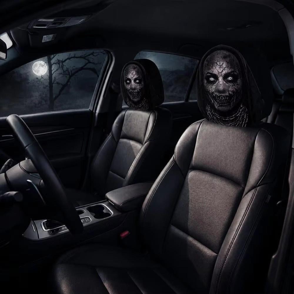 2Pcs Black Car Headrest Cover Scary Face Printing Car Headrest Protector Car Seat Cover  Halloween
